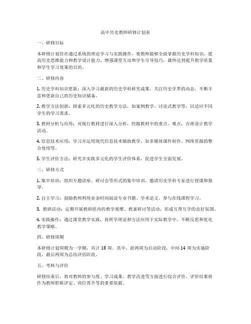 高中历史教师研修计划表