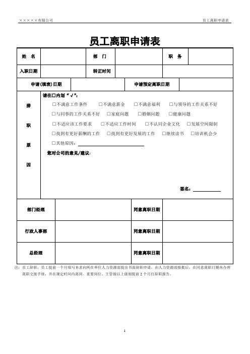 员工离职申请表(完整)