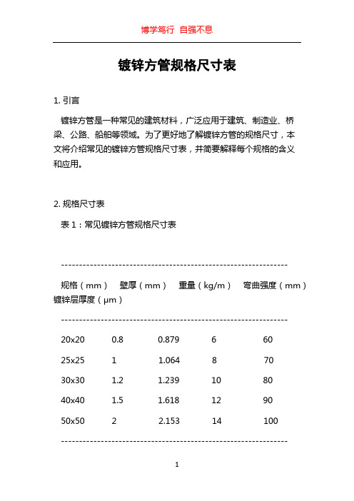 镀锌方管规格尺寸表