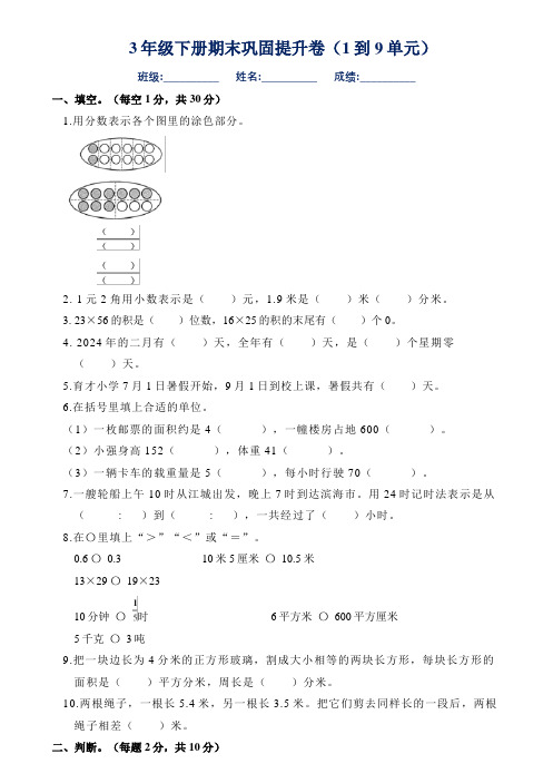 期末巩固提升卷(试题)-三年级下册数学苏教版