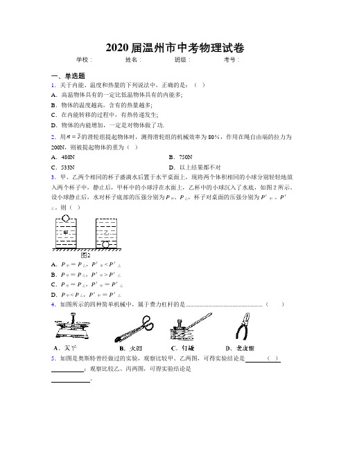 2020届温州市中考物理试卷