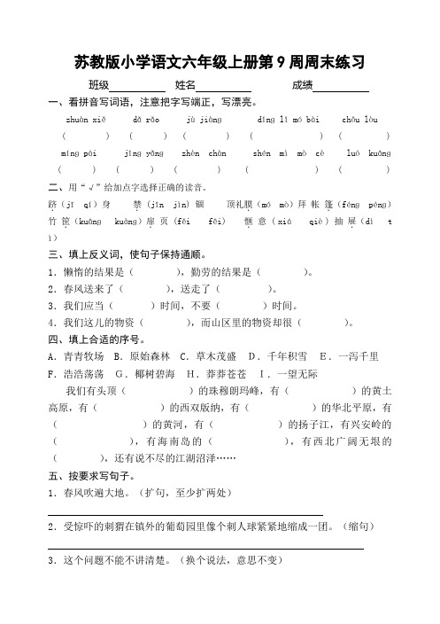 苏教版小学语文六年级上册第9周周末练习