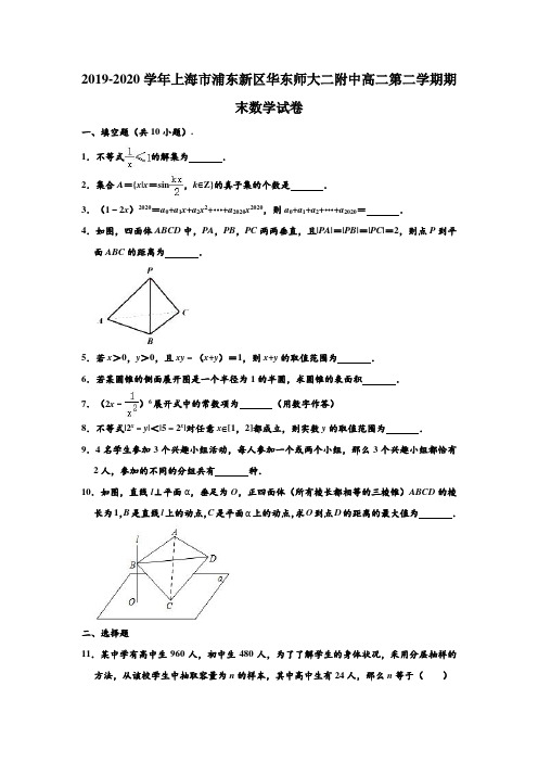 2019-2020学年上海市浦东新区华东师大二附中高二下学期期末数学试卷 (解析版)
