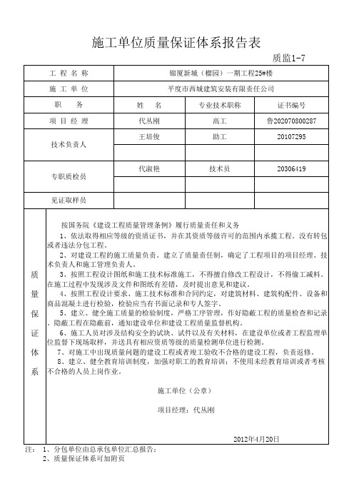 施工单位质量保证体系报告表