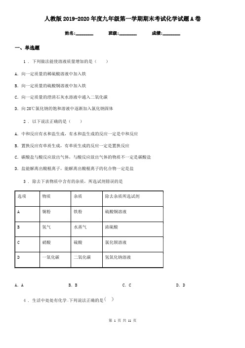 人教版2019-2020年度九年级第一学期期末考试化学试题A卷