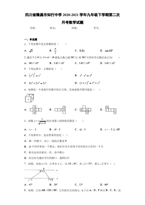 四川省隆昌市知行中学2020-2021学年九年级下学期第二次月考数学试题