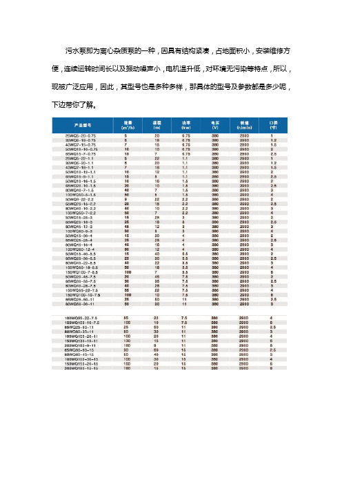 污水泵型号参数一览表