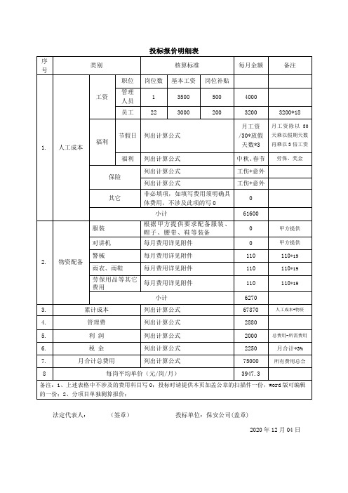 保安服务报价明细表