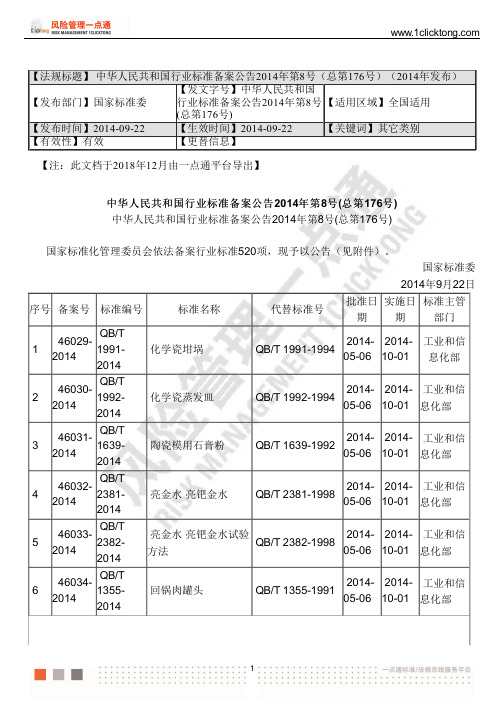 中华人民共和国行业标准备案公告2014年第8号(总第176号)(2014年发布)