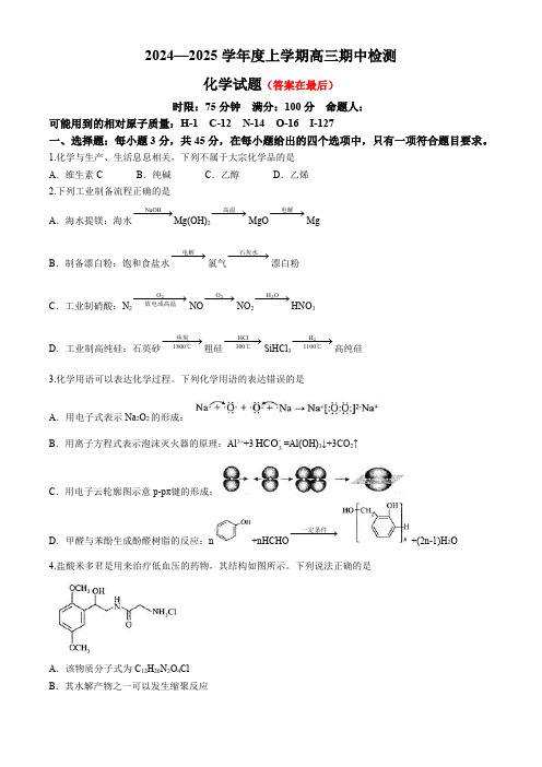 湖北省2024-2025学年高三上学期期中检测化学试卷含答案