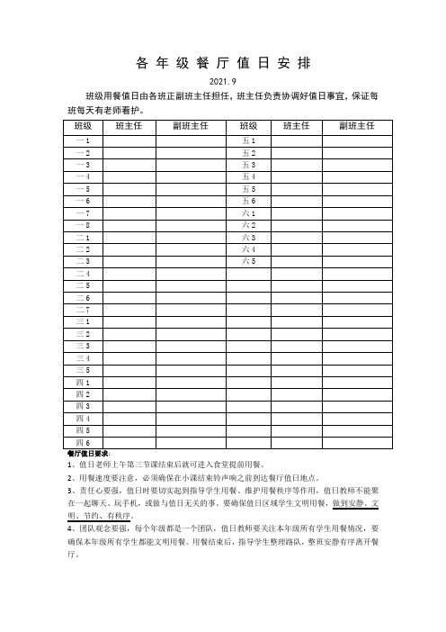 小学各年级餐厅值日安排表