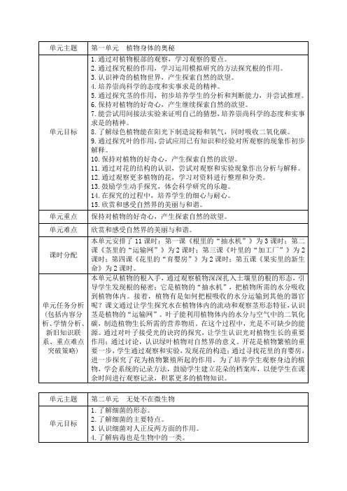 粤教版五年级科学上册单元分析