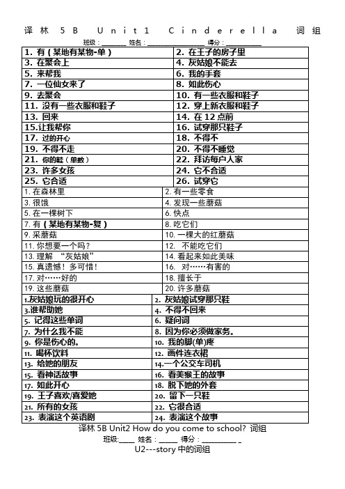 新译林英语5B-Unit1-Unit4-期中复习-词组专项练习