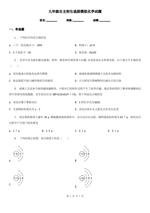 九年级自主招生选拔模拟化学试题