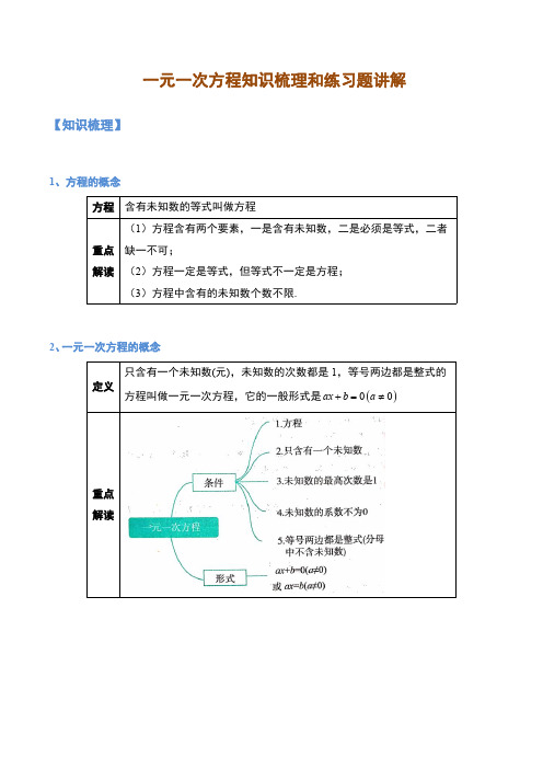 初中数学《一元一次方程》知识梳理+练习题讲解