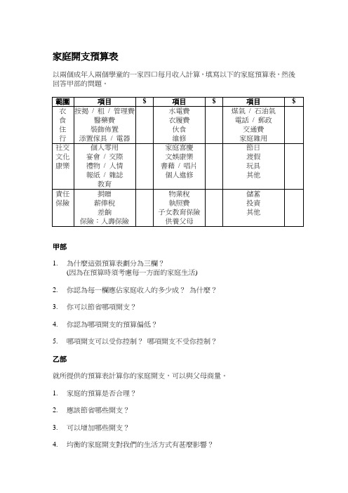 家庭开支预算表