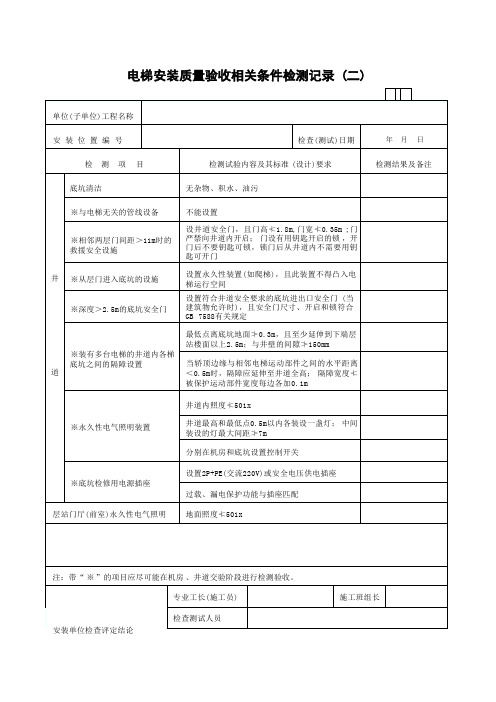 电梯安装质量验收相关条件检测记录表