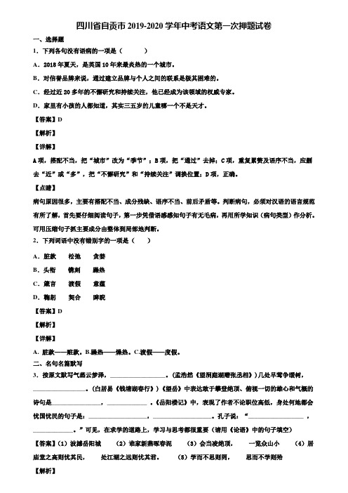 四川省自贡市2019-2020学年中考语文第一次押题试卷含解析