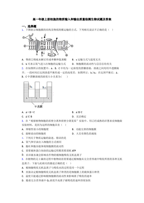 高一年级上册细胞的物质输入和输出质量检测生物试题及答案