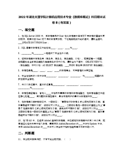 2022年湖北文理学院计算机应用技术专业《数据库概论》科目期末试卷B(有答案)