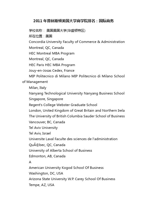 2011年普林斯顿美国大学商学院排名：国际商务