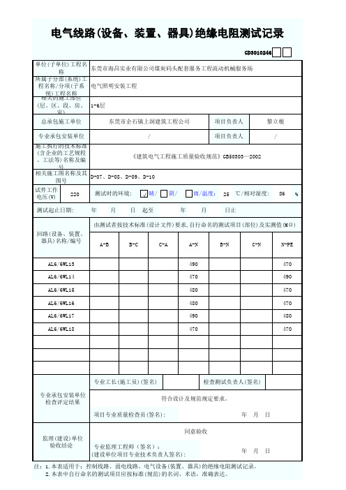 电气线路(设备、装置、器具)绝缘电阻测试记录