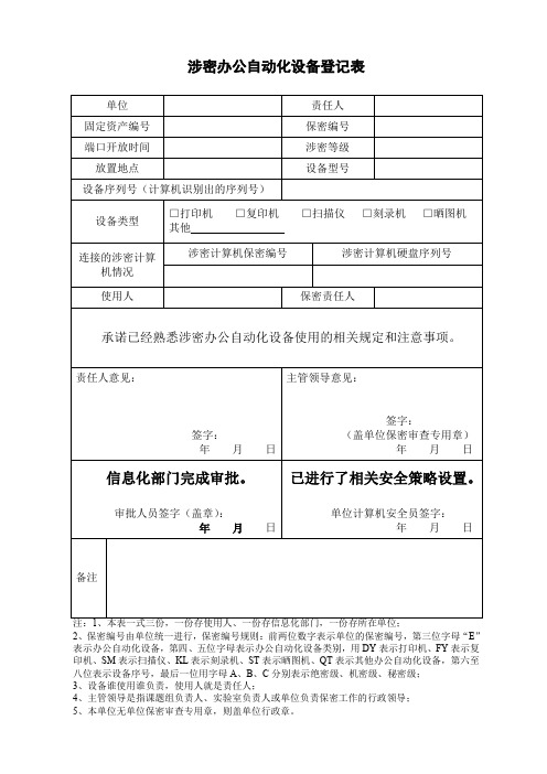 涉密办公自动化设备登记表