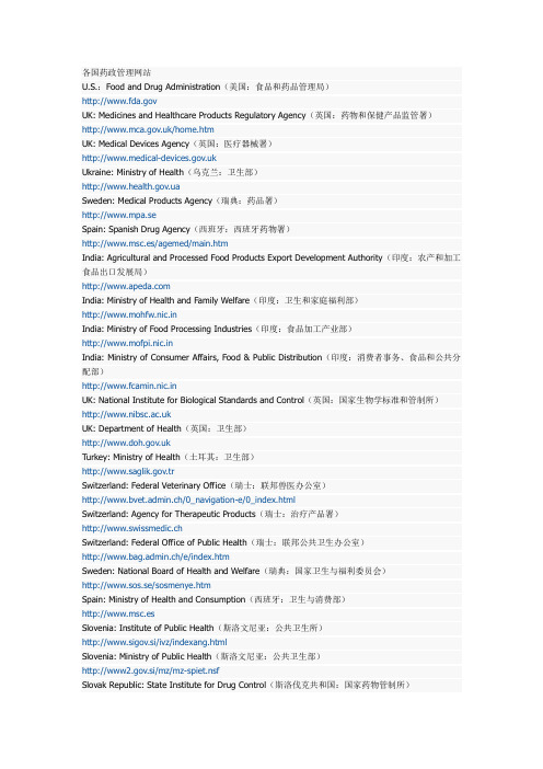 各国药品管理官方网址汇总