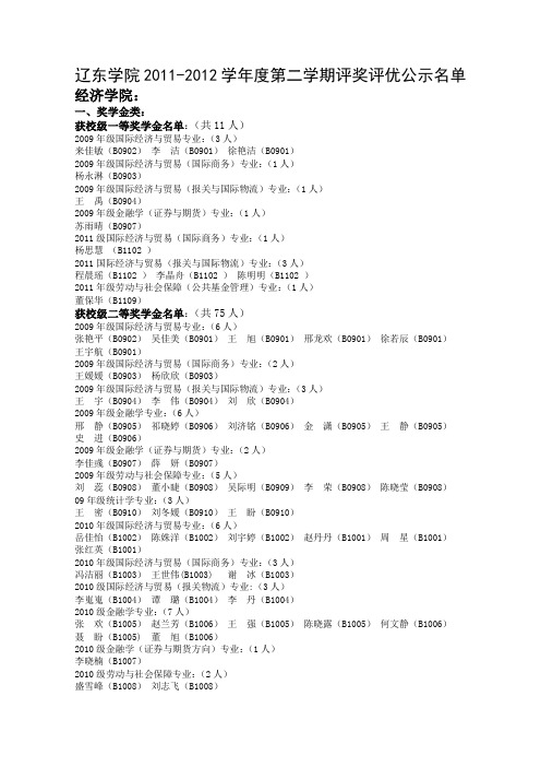 辽东学院2011-2012学年度第二学期评奖评优公示名单