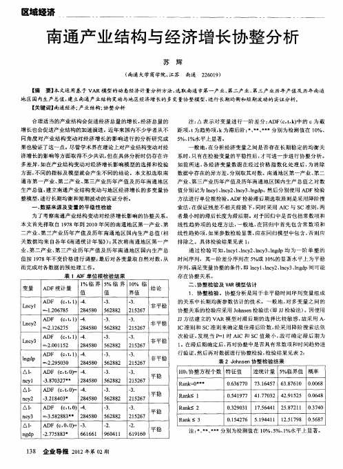 南通产业结构与经济增长协整分析