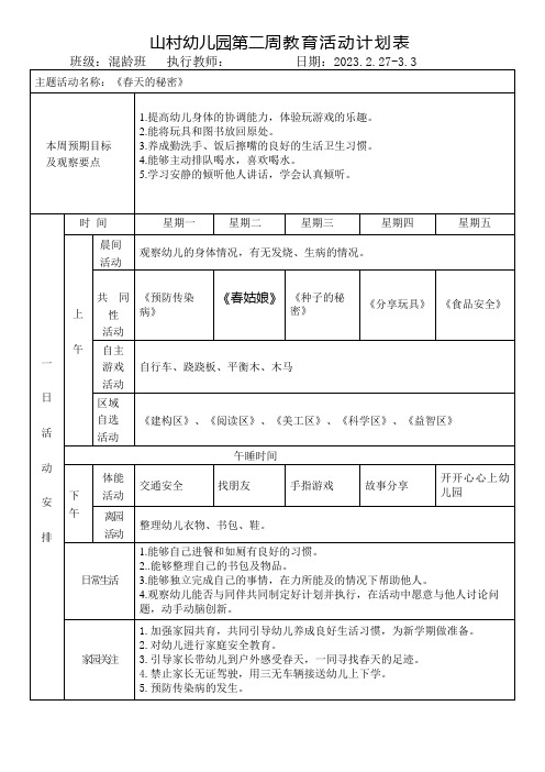 山村幼儿园第二周教育活动计划表