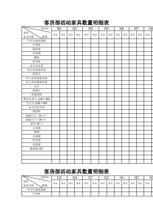 客房部活动家具数量明细表格式