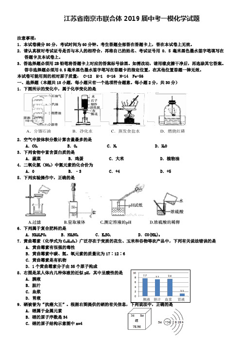 江苏省南京市联合体2019年中考一模化学试题及答案