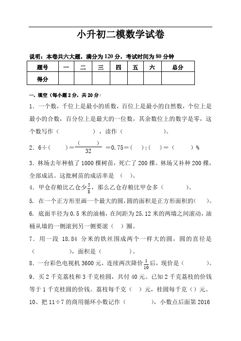 人教版小升初二模数学试卷及参考答案