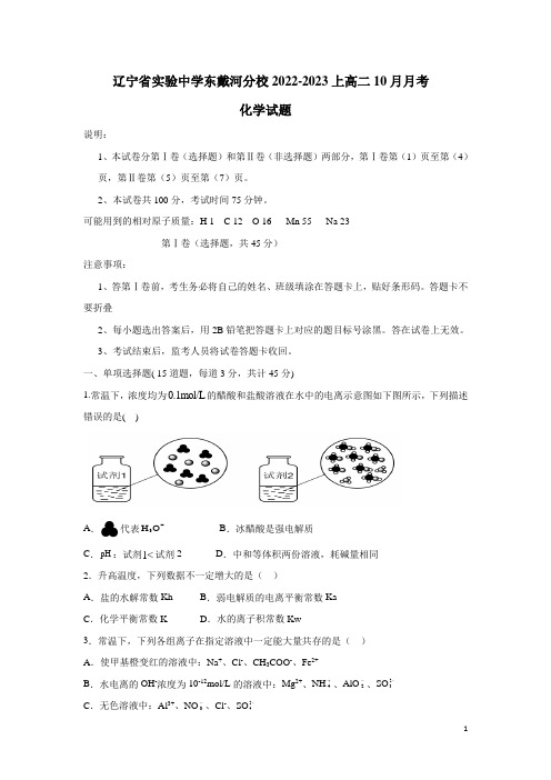 2022-2023学年辽宁省实验中学东戴河分校高二10月月考化学试题(Word版)