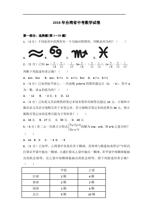 2018年台湾省中考数学试卷