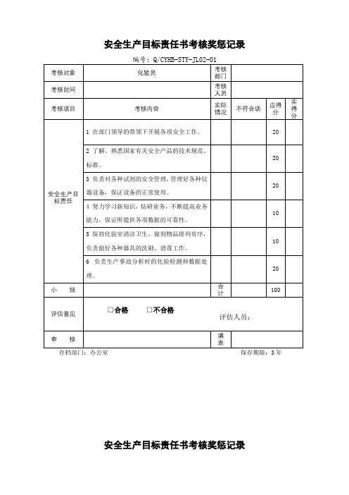 安全生产目标责任书考核奖惩记录