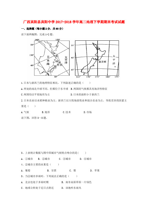 广西宾阳县宾阳中学2017-2018学年高二地理下学期期末考试试题