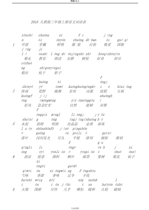 2018人教版三年级上册语文词语表(拼音)