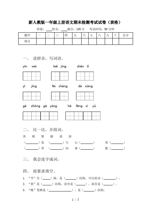 新人教版一年级上册语文期末检测考试试卷(表格)