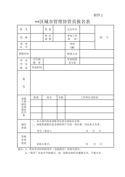 二道区城市管理协管员报名表【模板】