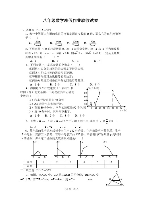 初二数学寒假作业验收试卷