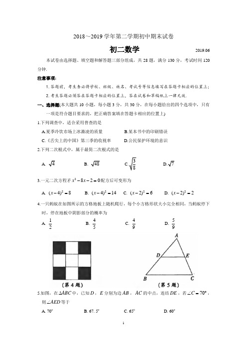 江苏省张家港市2018-2019学年八年级下学期期末数学试卷