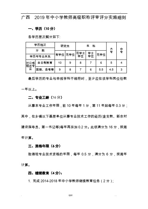 广西2019年中小学教师专业技术职务资格评审评分实施细则