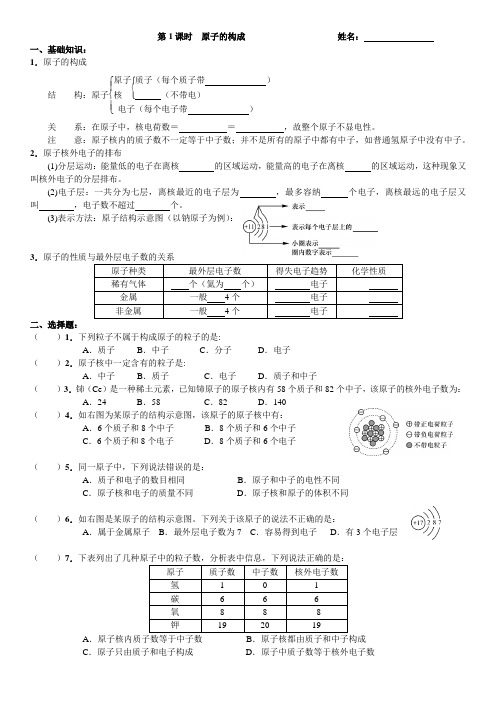 九年级化学 原子的构成练习题