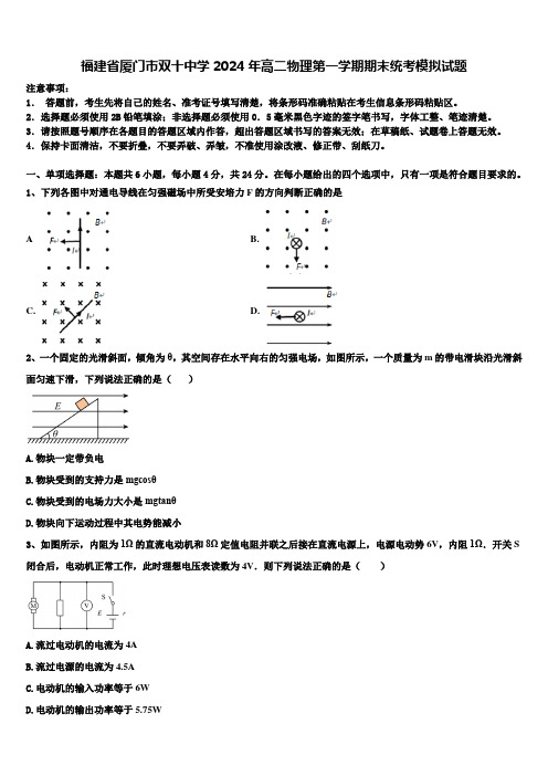 福建省厦门市双十中学2024年高二物理第一学期期末统考模拟试题含解析