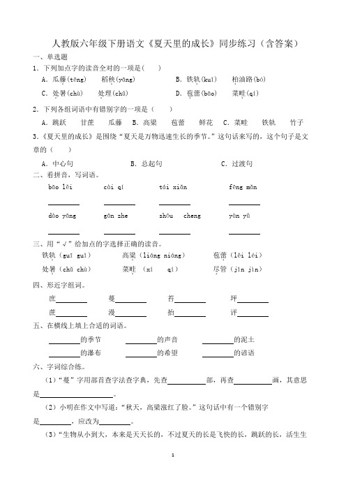 人教版六年级下册语文《夏天里的成长》同步练习(含答案)