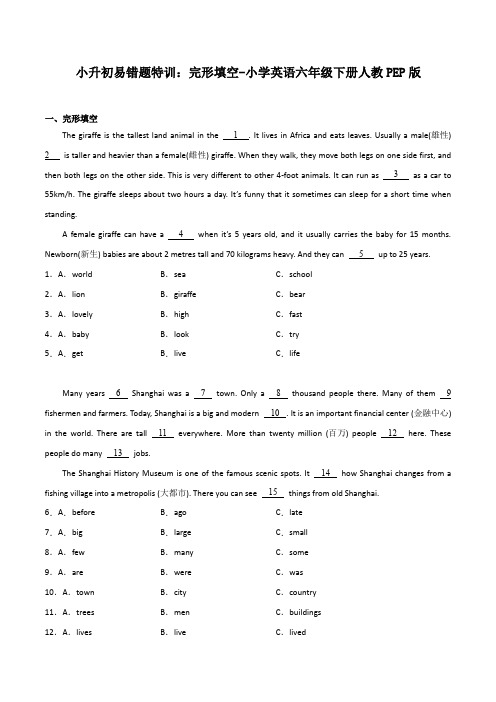 小升初易错题特训：完形填空-小学英语六年级下册人教PEP版