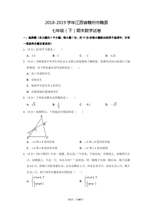 2018-2019学年人教版初中数学七年级下册期末数学试卷(江西省赣州市赣县