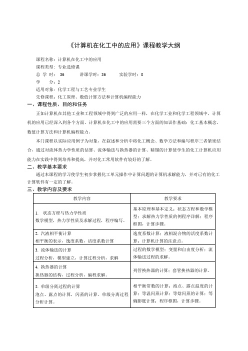 《计算机在化工中的应用》课程教学大纲